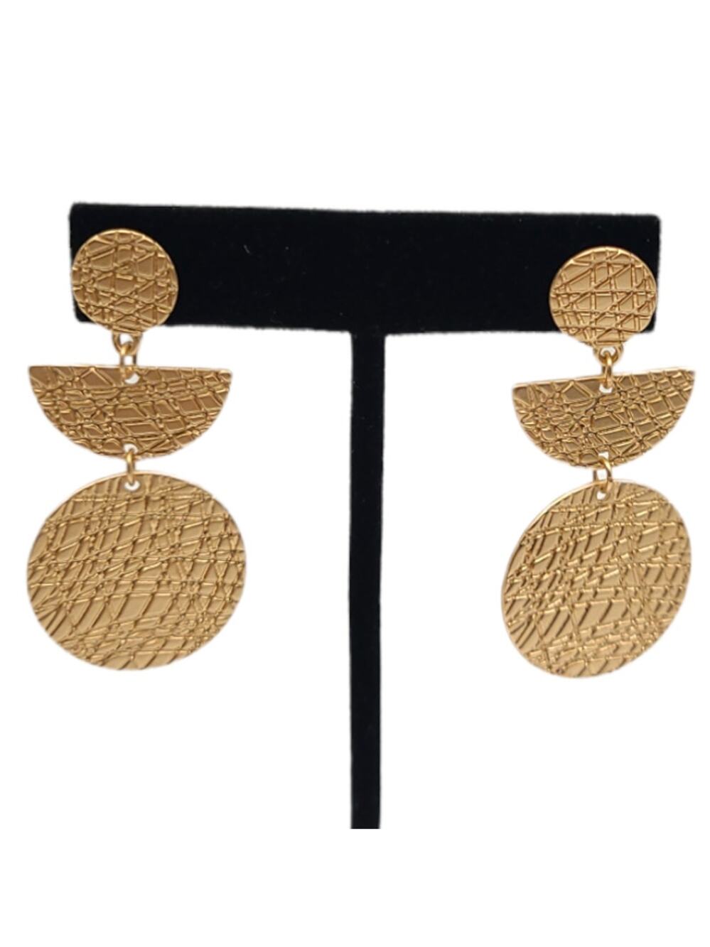Gold Textured Etched Disc Dangle Drop Post Fashion Earrings ~ NEW